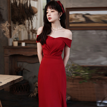 Shoulder toast bride 2021 New engagement dress red thanking banquet fishtail little dress female