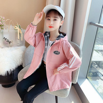 Korean version of Girls autumn coat 2021 new middle-aged children hooded with zipper shirt foreign style long sleeve plaid tide tide