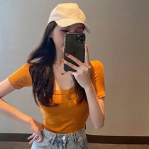 Summer new sexy square collar exposed collarbone slim slim T-shirt womens Korean temperament basic short-sleeved base shirt