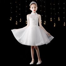 Childrens host dress dress 2021 new high-end white princess dress girl Summer Pengpeng gauze model catwalk