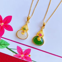 Gift box gift 999 full gold gourd pendant female gold inlaid Hetian jade Fu Lu necklace 3d hard gold Jasper pendant
