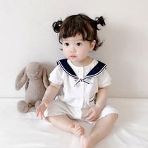 Baby summer bag fart clothes Newborn childrens clothing Female baby Navy wind coat Summer swimsuit climbing suit one-piece clothes