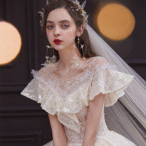 Heavy duty main wedding dress 2021 new bride summer word shoulder starry sky French high-end luxury big tail court style