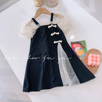 Foreign style children's clothing 2021 summer new girls Hepburn style shiny mesh stitching chiffon short sleeve suspender dress