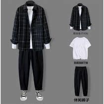 Mens long sleeve shirt casual suit spring and autumn sportswear set Joker Korean fashion handsome mens match