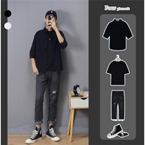 Black shirt mens shirt Hong Kong style Japanese trend handsome casual short sleeve shirt summer loose coat men