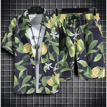 Two-piece summer thin Hawaiian beach casual set floral short sleeve shirt for men and women Joker beach shorts