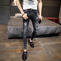 Hipster summer nine-point pants Male slim-fit pants with holes in cat whiskers 9-point jeans Social guy tight beggar pants