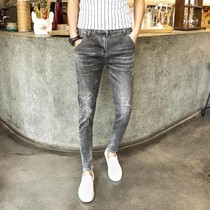 New Korean version of youth hole jeans mens Tide mens slim simple mens pants mens trousers autumn and summer