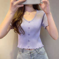 Purple ice silk knit shirt short sleeve T-shirt female summer thin wooden ear Korean slim wooden ear Korean slim high waist short cross top