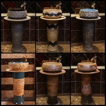 Retro art floor standing column basin outdoor balcony Chinese wash basin integrated vertical basin courtyard