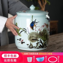 Jingdezhen hand-painted ceramic rice cylinder rice bucket Household 20 kg 25 kg flour bucket with lid Moisture-proof and insect-proof sealed tank