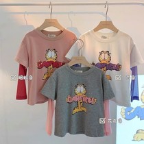 Spring and summer new cute female baby top cartoon Garfield lace long-sleeved sunscreen T-shirt cotton fake two (5