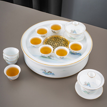 Chaoshan Kung Fu Tea Set Whole Set of Sheep Jade Light Luxury White Porcelain Household Simple Ceramic Cover Bowl Tea Cup Set Gift Boxes