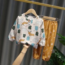 Summer childrens cotton long-sleeved pajamas thin artificial cotton Mens baby mosquito-proof bloomers suit womens home air conditioning clothes