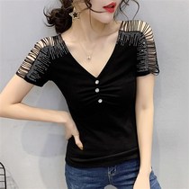  Fashion V-neck short-sleeved t-shirt womens summer new repair C-body sexy hollow hot diamond half-sleeved off-the-shoulder top