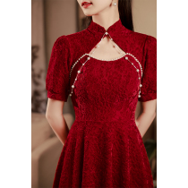 Toast Bridal Cheongsam Temperament Wine Red Lace Engagement Dress Superior Wedding Gown Wedding Gown Girl Little Girl