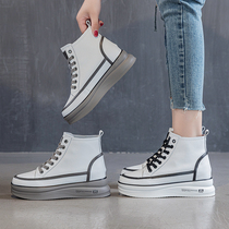High-top shoes womens 2021 trendy cool thick-soled inner increase wedge heel spring and autumn leather Korean version of the small 8cm white shoes