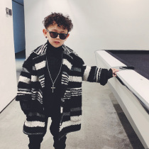 Childrens wool coat boy 2021 autumn and winter New Foreign style stripes childrens middle and big childrens coat long tide