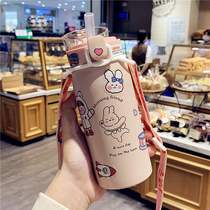 Fashion simple thermos female cute girl ins student straw cup Cartoon fresh childrens portable cup