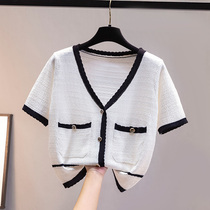 Small fragrance knitted cardigan womens summer ice silk short-sleeved T-shirt loose short section thin V-neck thin section outside the top tide