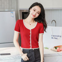 White short ice silk knit sweater womens summer thin round neck short sleeve tight small fragrant style top summer Joker temperament