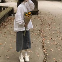 Summer Korean version of ins retro Hong Kong style denim skirt womens high waist slim Joker a long skirt tide