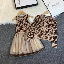 High-end childrens clothing autumn F home girl dress vest mesh dress cardigan two-piece dress fashion trend