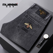 Small-footed jeans Mens summer new small bee embroidery elastic body slim fit Chauder high-end grey casual pants