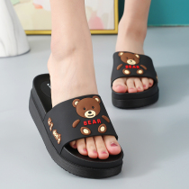 Thick bottom slippers female summer high heel ins tide fashion cartoon cute bear household bathroom slippers muffin outside wear
