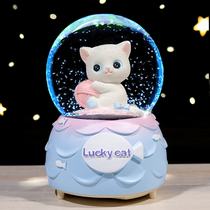 Little cat crystal ball music box Birthday gift girl girl child snowflake luminous rotating music box decoration