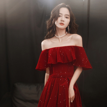 Sexy shoulder toast bride female 2021 New temperament little starry sky red wedding dress dress