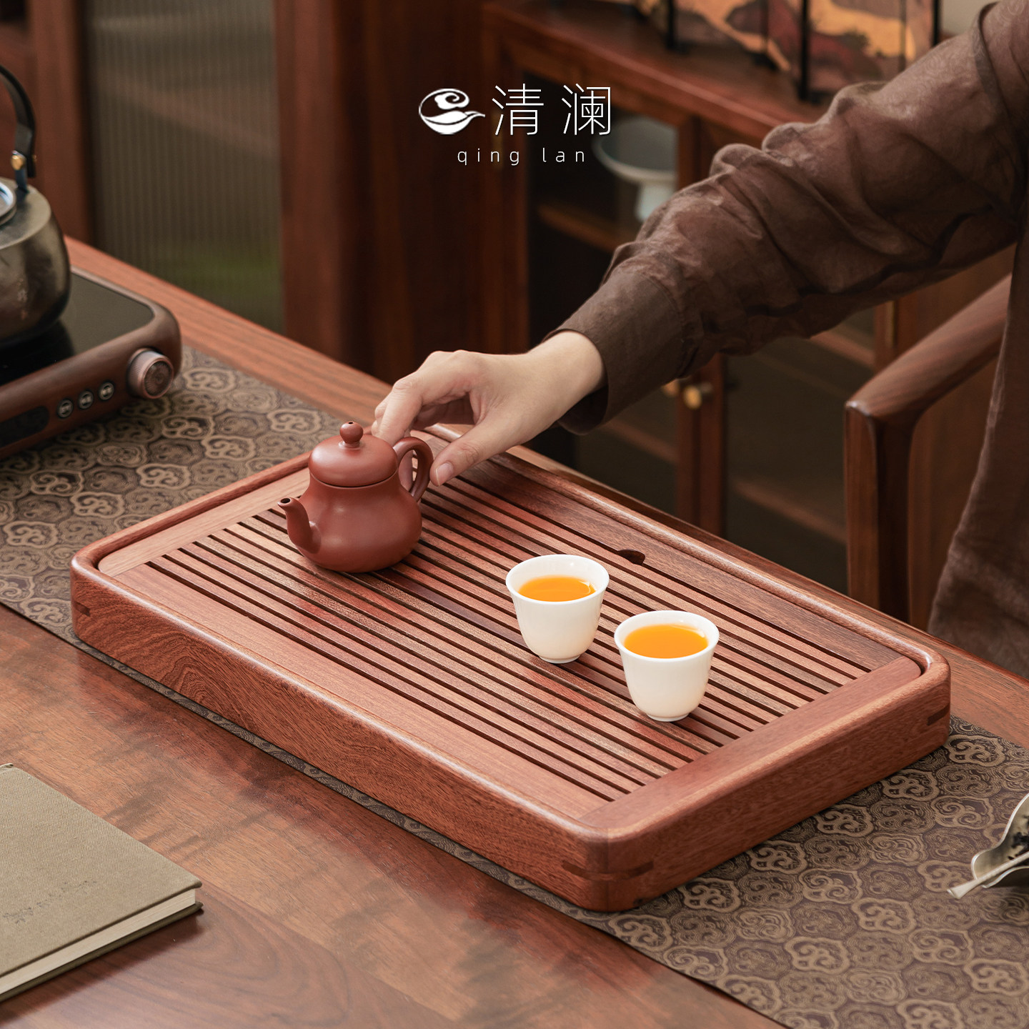 旧蔵 清 花梨木 モザイク貝殼 花鳥正方形 茶盤 託盤 木製 極細工 中国