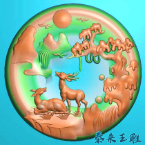 Concave bottom round plate landscape sika deer double deer animal deer pendant fine carving figure relief jade carving grayscale figure JDDBMP
