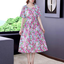 Silk dress 2021 summer new short sleeve waist drawstring loose slim vintage print A long dress women
