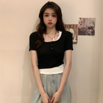Design feel fake Two T-shirt female slim short sleeve 2021 new summer sweet spicy wind high waist short knitted top