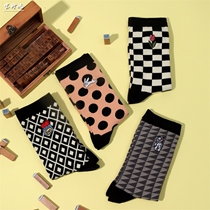 Socks female autumn and winter original cute cartoon embroidery middle tube ins tide Japanese wild chess board Joker sports socks w