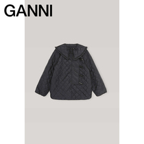 Ganni Womens Black Loose Quilted Double-Breasted Ruffle Plaid Lapel Coat F5812099