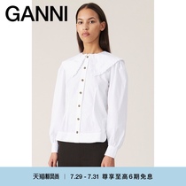 Ganni womens 2021 summer new cotton poplin ruffle doll collar white shirt top F5500151
