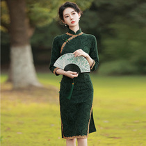 ZYRODIA autumn new modified cheongsam vintage Chinese style girl wine red cotton jacquard dress
