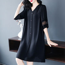 Large size womens 2021 new summer dress loose high-end long black thin Belly Belly foreign mother dress