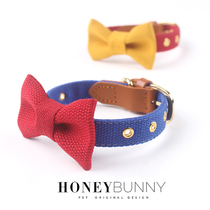 honeybunny pet dog collar bow tie canvas leash leather stitching collar bow lettering tag