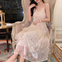 Super fairy sexy embroidery streamer Twilight gauze dress female summer white moonlight first love suspender long skirt tea break skirt New