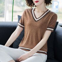 Ice silk T-shirt women short sleeve shiny silk base shirt half sleeve T-shirt women thin V collar loose size shirt summer New