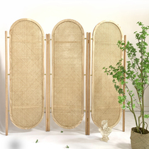 Chinese solid wood screen partition bedroom block household living room entrance Dining room folding mobile double-sided rattan folding screen