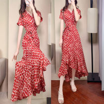 Dress women 2021 spring and summer New V collar short sleeve temperament fashion waist lace