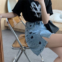 Summer 2021 new size fat MM Korean version of high waist love embroidery split denim A- line dress skirt women