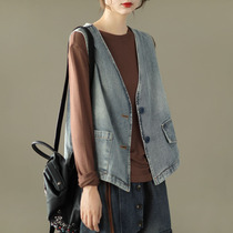 Original retro denim vest vest jacket womens autumn new loose solid color short cardigan vest top