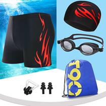 Mens adult straight-angle swimming trunks swimming goggles swimming cap hot spring set mens fashion flat-angle plus size fat swimsuit