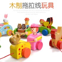 Wooden childrens small pull car toy baby hand cart towing toy drag toddler wooden drawstring Caterpillar
